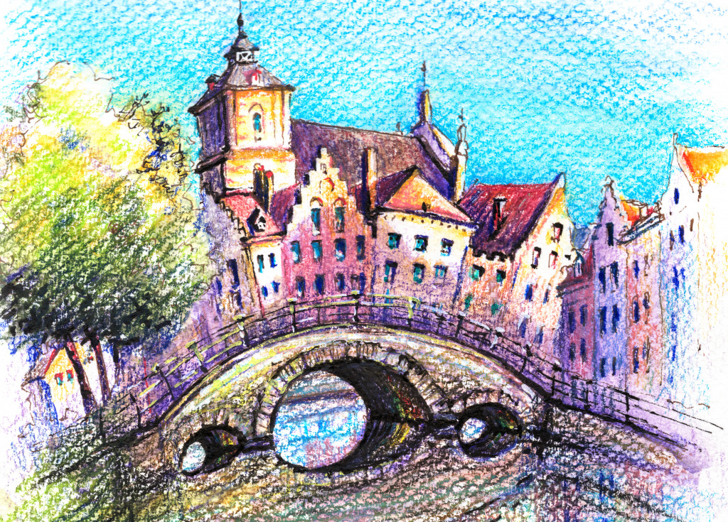 Croquis du canal de Bruges avec pont au coucher du soleil jigsaw puzzle in Ponts puzzles on TheJigsawPuzzles.com