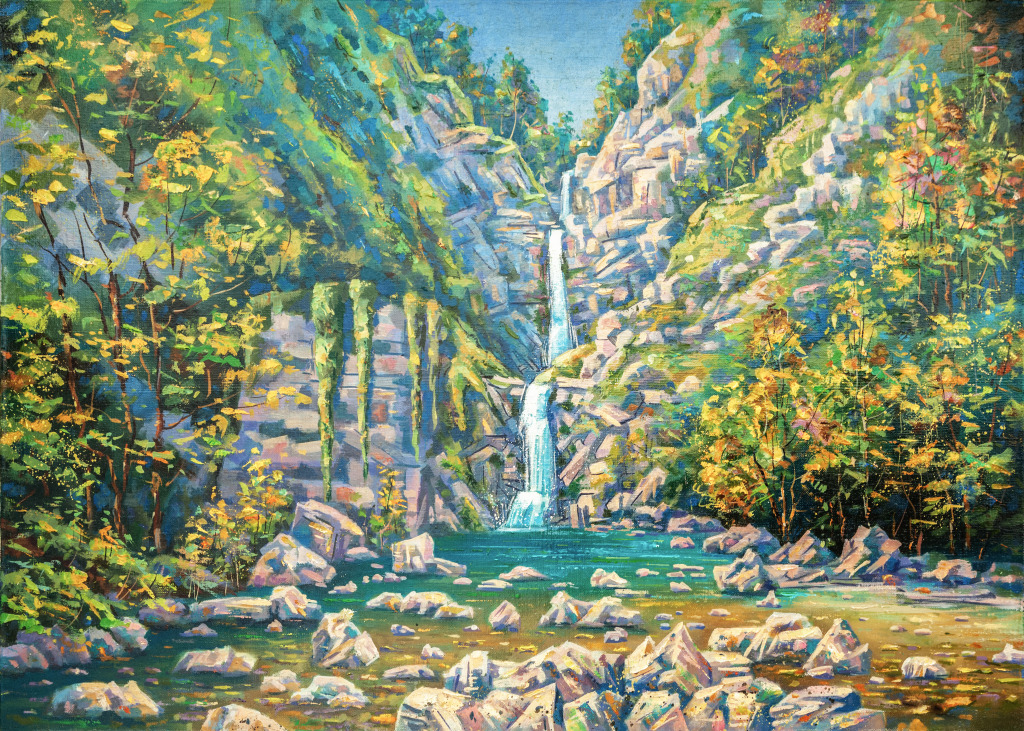 Landschaft mit dreistufigem Wasserfall jigsaw puzzle in Wasserfälle puzzles on TheJigsawPuzzles.com
