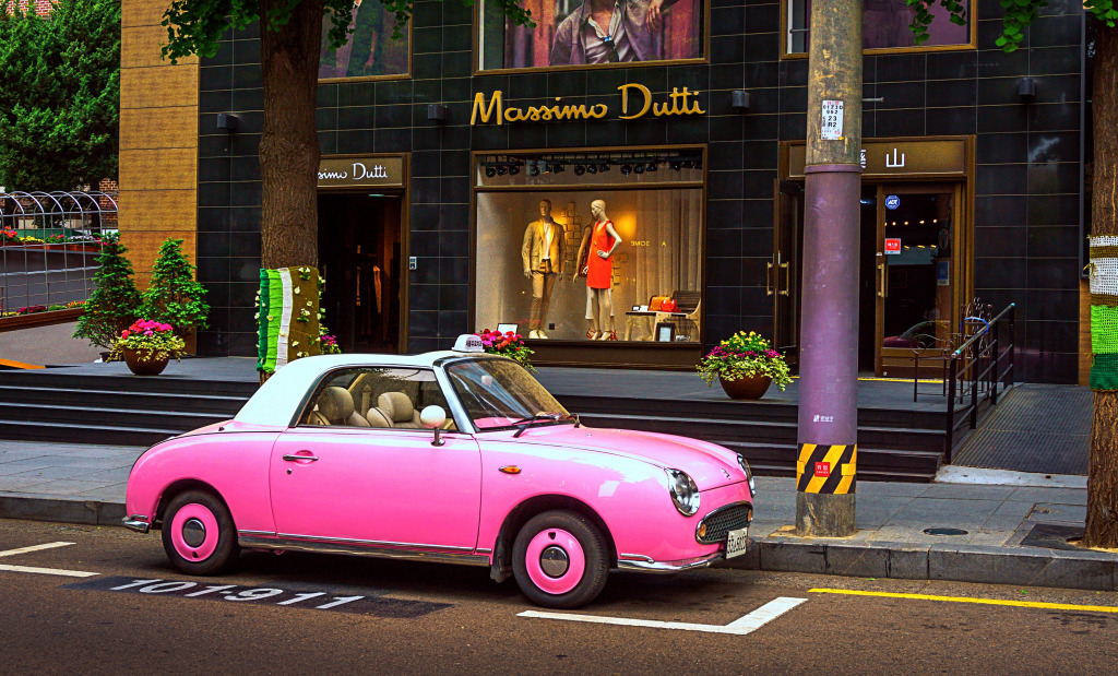 Pink Vintage Car, Seoul, South Korea jigsaw puzzle in Cars & Bikes puzzles on TheJigsawPuzzles.com