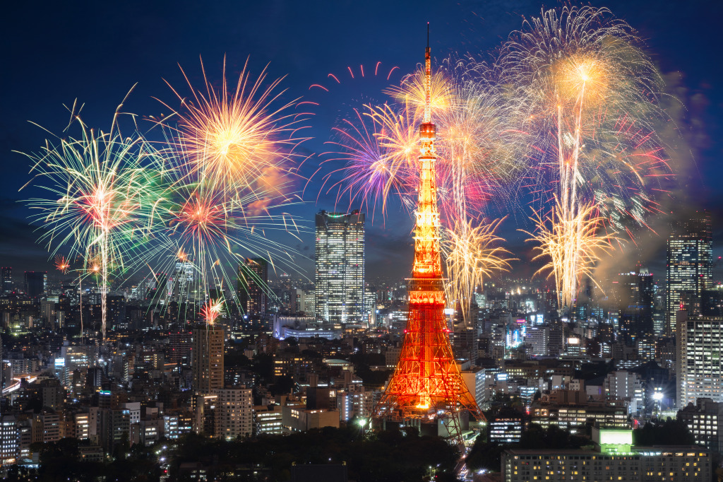 Feuerwerk über dem nächtlichen Stadtbild von Tokio jigsaw puzzle in Straßenansicht puzzles on TheJigsawPuzzles.com