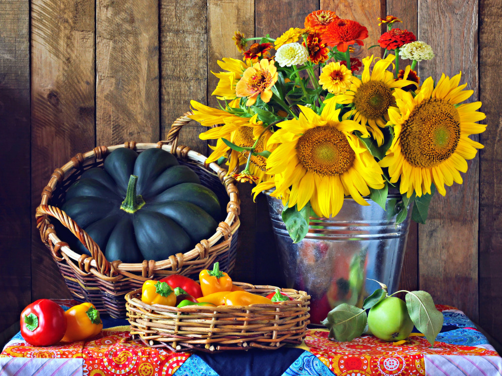 A Pumpkin, Sunflowers, Apples, Peppers jigsaw puzzle in Fruits & Veggies puzzles on TheJigsawPuzzles.com