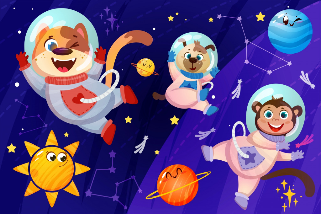 Animais astronautas voando em espaço aberto jigsaw puzzle in Infantil puzzles on TheJigsawPuzzles.com