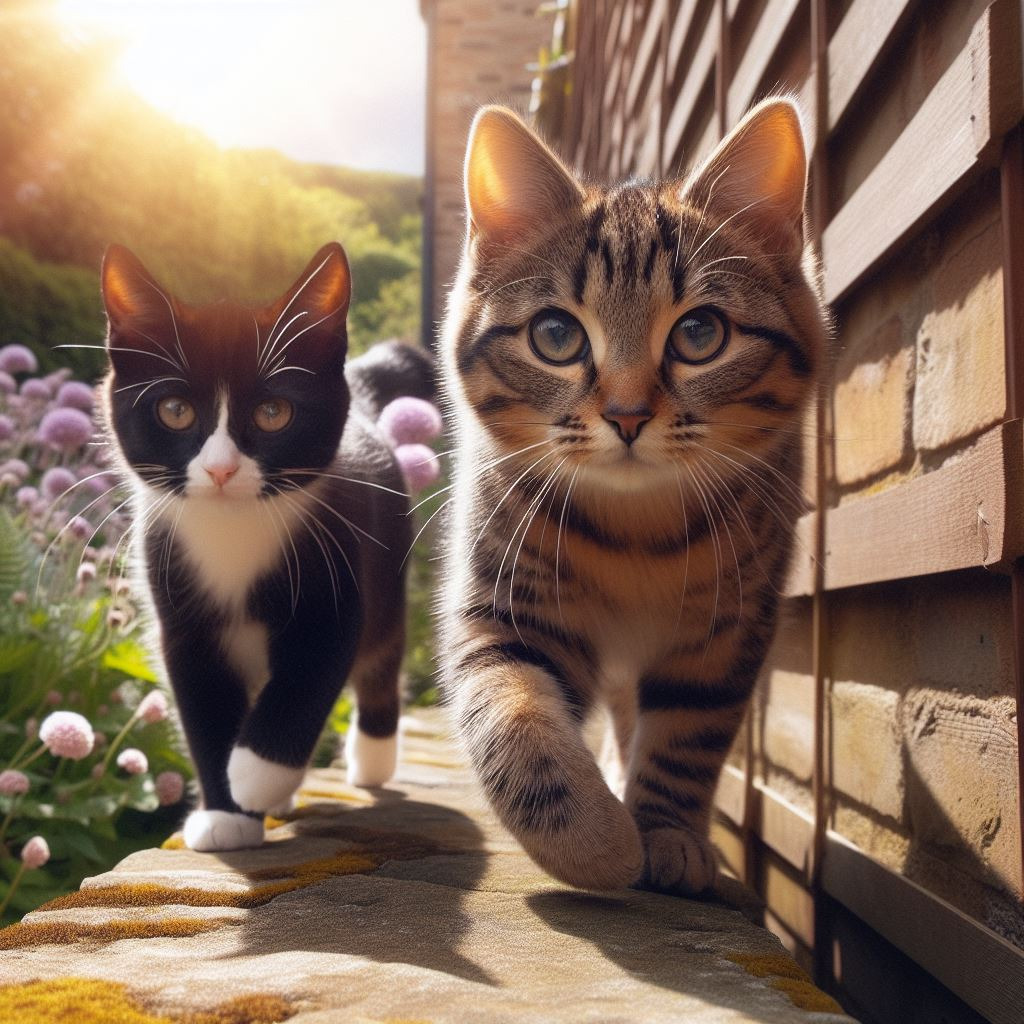 brown striped cat and a black and white cat strolling along a garden wall in the sunshine jigsaw puzzle in Susan Robson puzzles on TheJigsawPuzzles.com