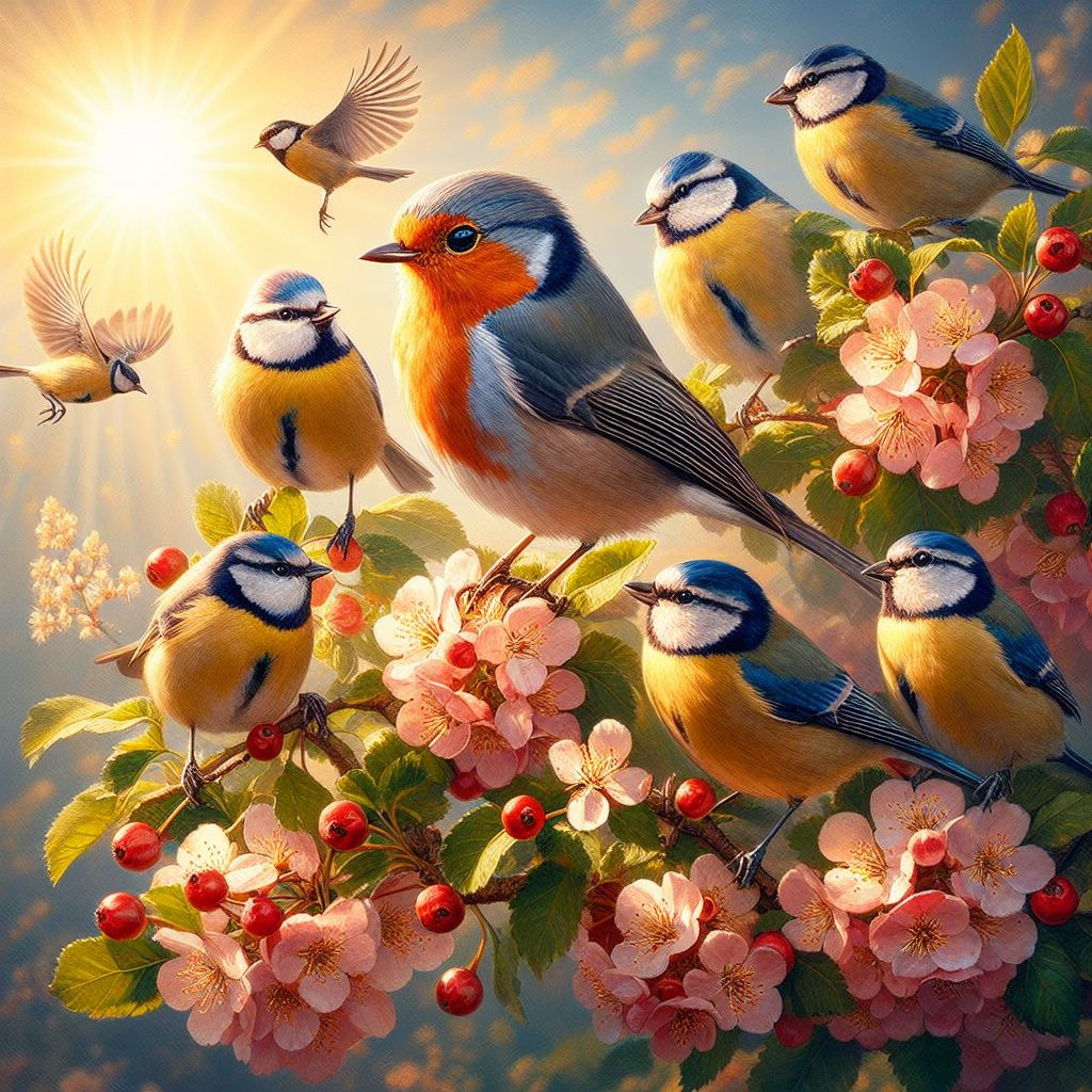 Garden birds on a hawthorn bush jigsaw puzzle in Susan Robson puzzles on TheJigsawPuzzles.com