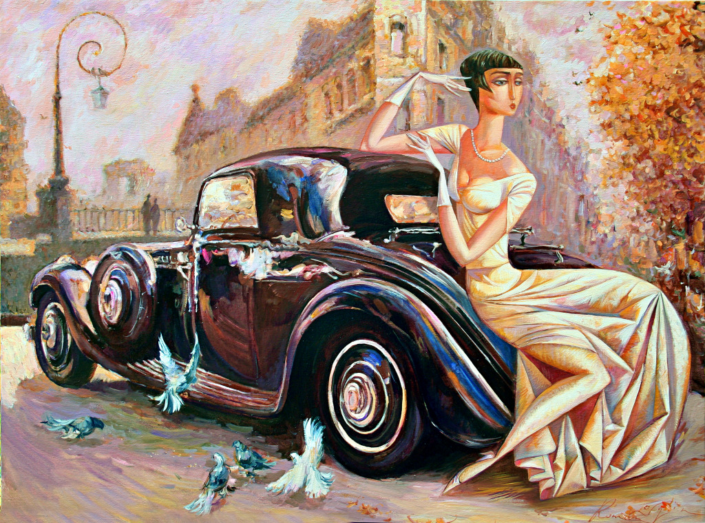 A Lady With a Retro Car jigsaw puzzle in Piece of Art puzzles on TheJigsawPuzzles.com