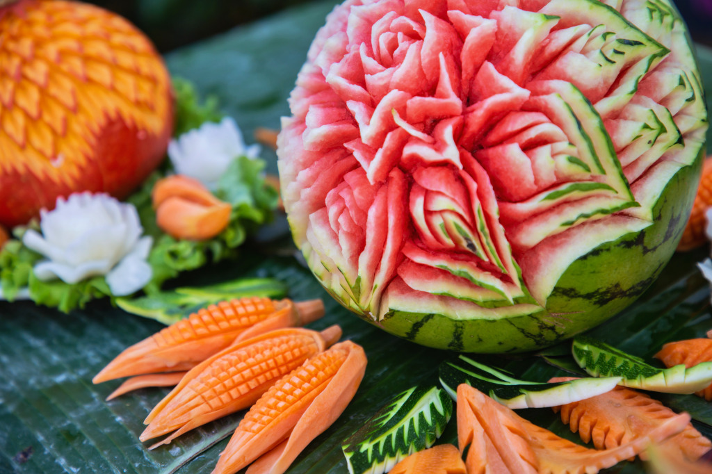 The Art of Watermelon Carving jigsaw puzzle in Fruits & Veggies puzzles on TheJigsawPuzzles.com