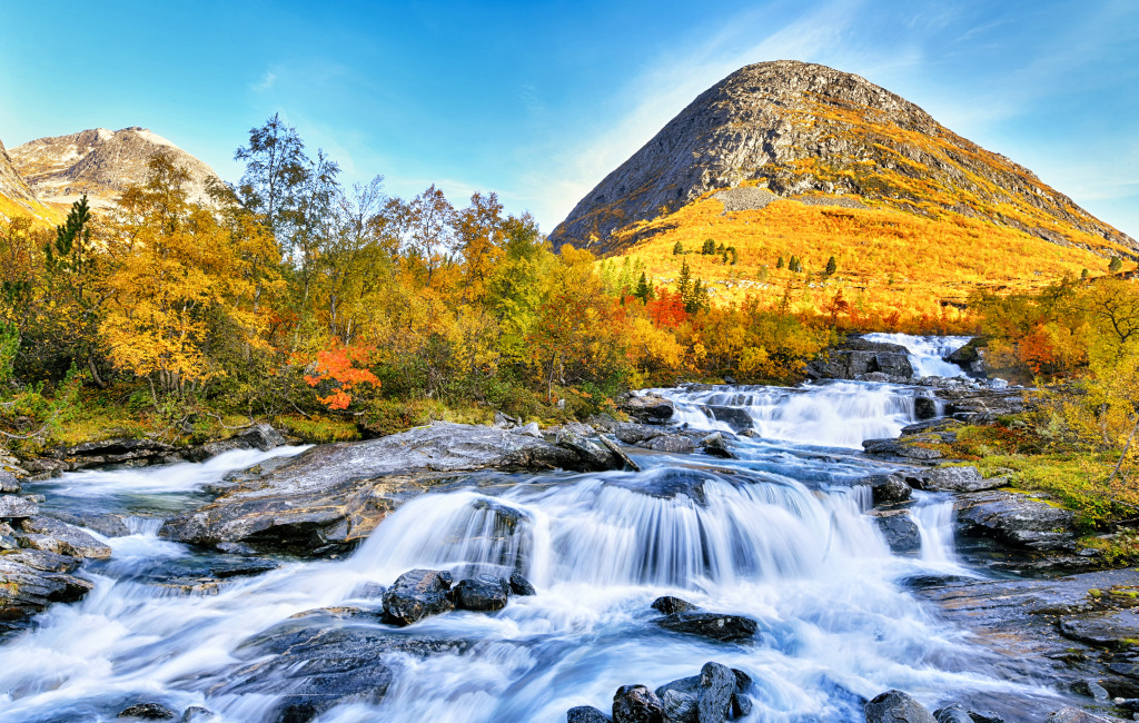 Autumn Trees and a Waterfall jigsaw puzzle in Waterfalls puzzles on TheJigsawPuzzles.com