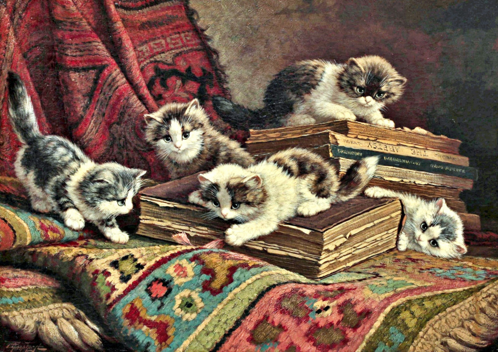 Kätzchen, die auf einem Stapel Bücher spielen jigsaw puzzle in Kunstwerke puzzles on TheJigsawPuzzles.com