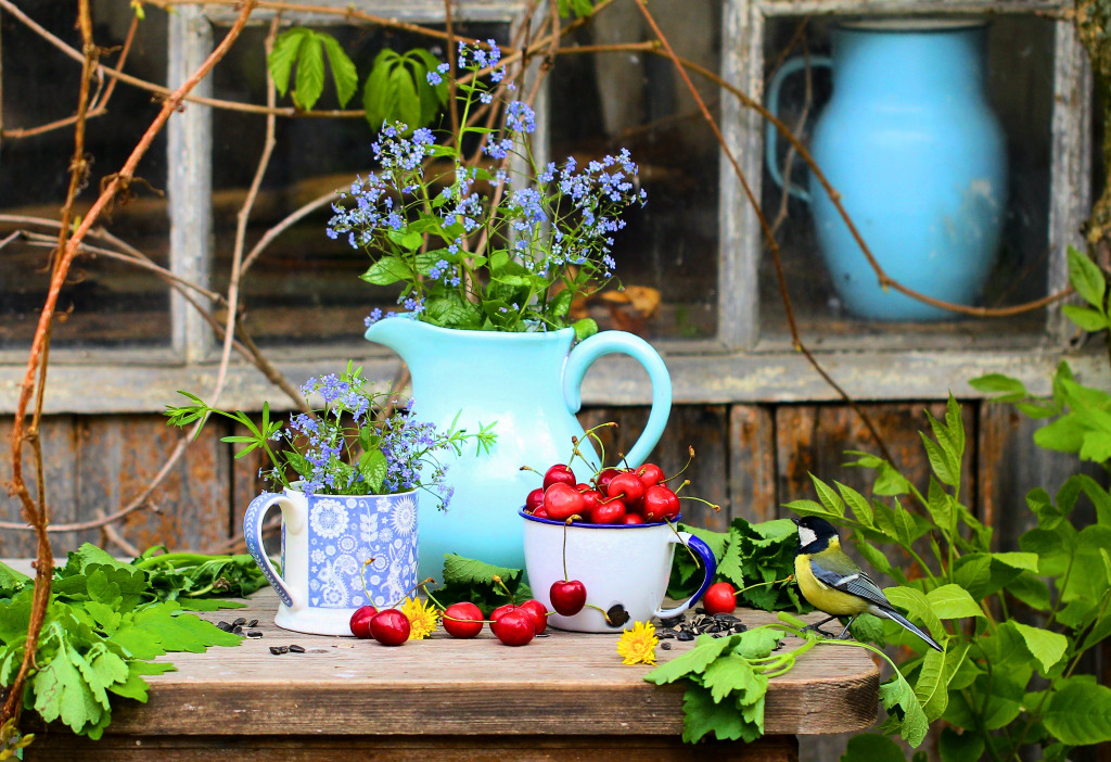 Forget-Me-Nots, Cherries and a Bird jigsaw puzzle in Fruits & Veggies puzzles on TheJigsawPuzzles.com