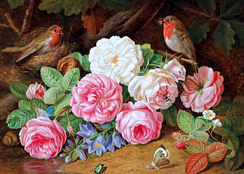 Roses and Harebells with Robins jigsaw puzzle in Flowers puzzles on TheJigsawPuzzles.com