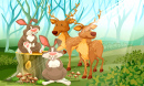 Kaninchen und Rehe im Wald