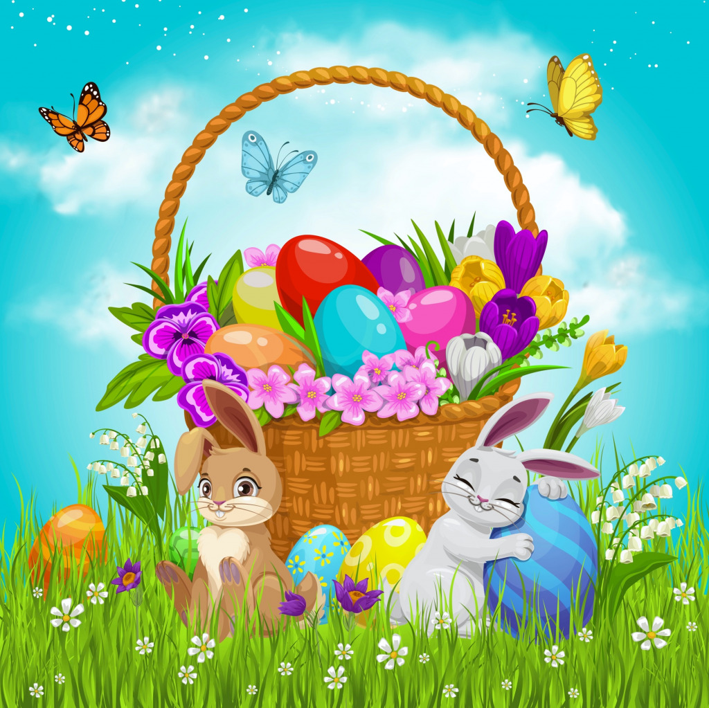 Easter Basket With Flowers and Eggs jigsaw puzzle in Kids Puzzles puzzles on TheJigsawPuzzles.com