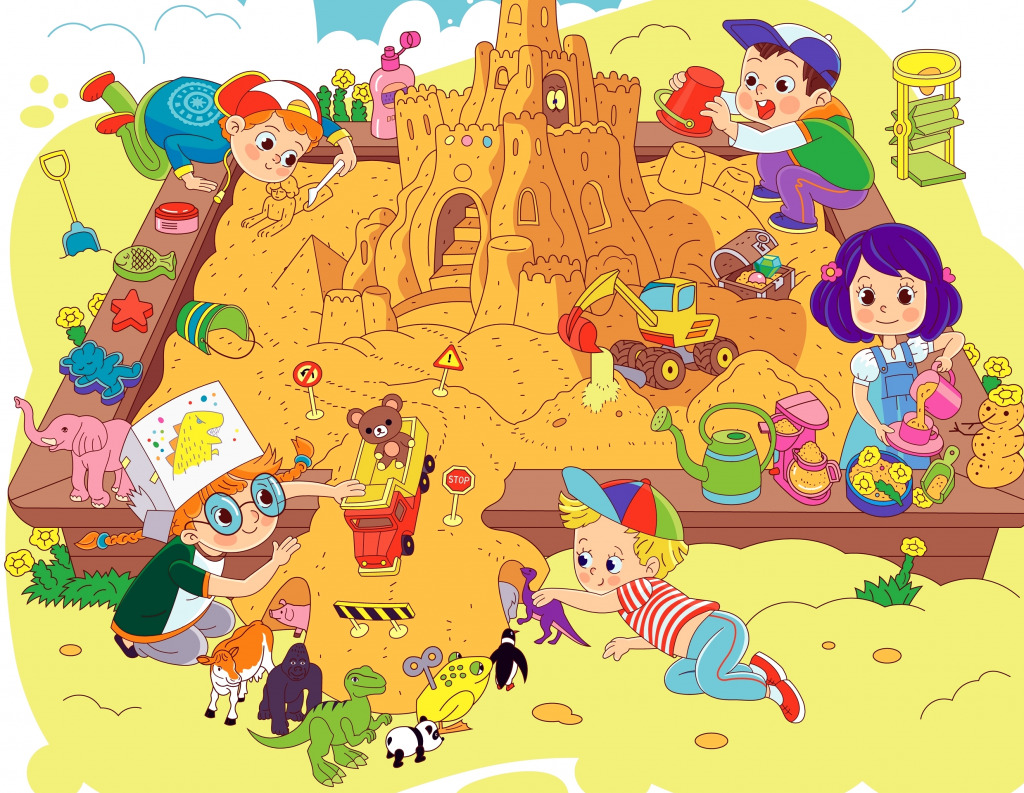 As crianças construíram um grande castelo de areia jigsaw puzzle in Infantil puzzles on TheJigsawPuzzles.com