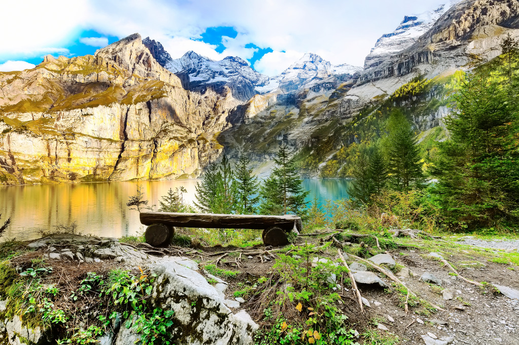 Panorama du lac d’Oeschinen et des Alpes suisses jigsaw puzzle in Magnifiques vues puzzles on TheJigsawPuzzles.com