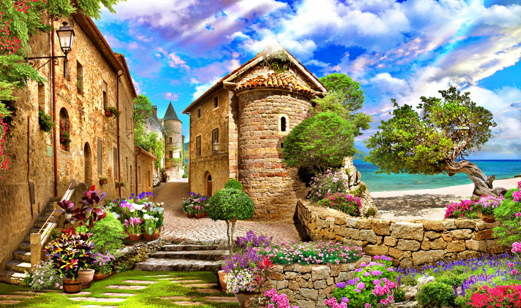 Fairytale Old Town Overlooking the Sea jigsaw puzzle in Puzzle of the Day puzzles on TheJigsawPuzzles.com