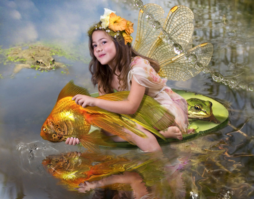 The Girl Releases a Gold Fish jigsaw puzzle in People puzzles on TheJigsawPuzzles.com