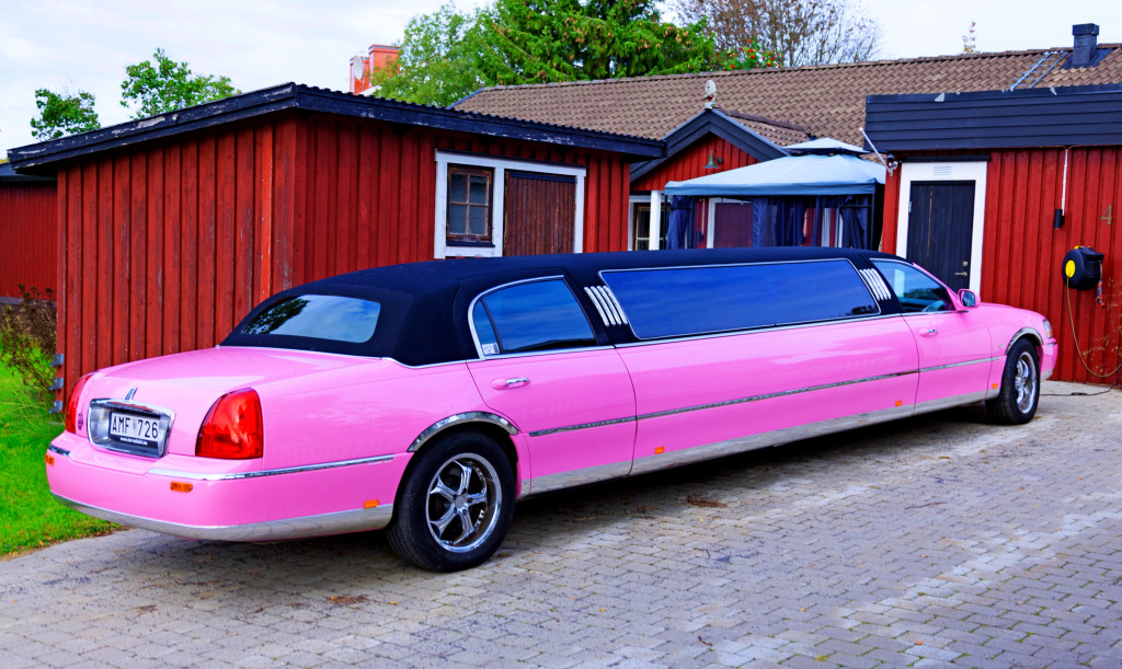 Розовый лимузин на подъездной дорожке, Умео, Швеция jigsaw puzzle in Автомобили и Мотоциклы puzzles on TheJigsawPuzzles.com