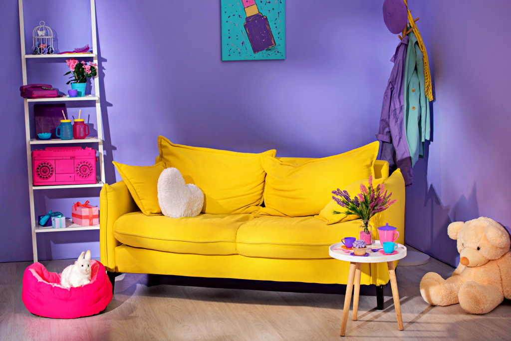 Colorful Room with Yellow Sofa jigsaw puzzle in Puzzle of the Day puzzles on TheJigsawPuzzles.com