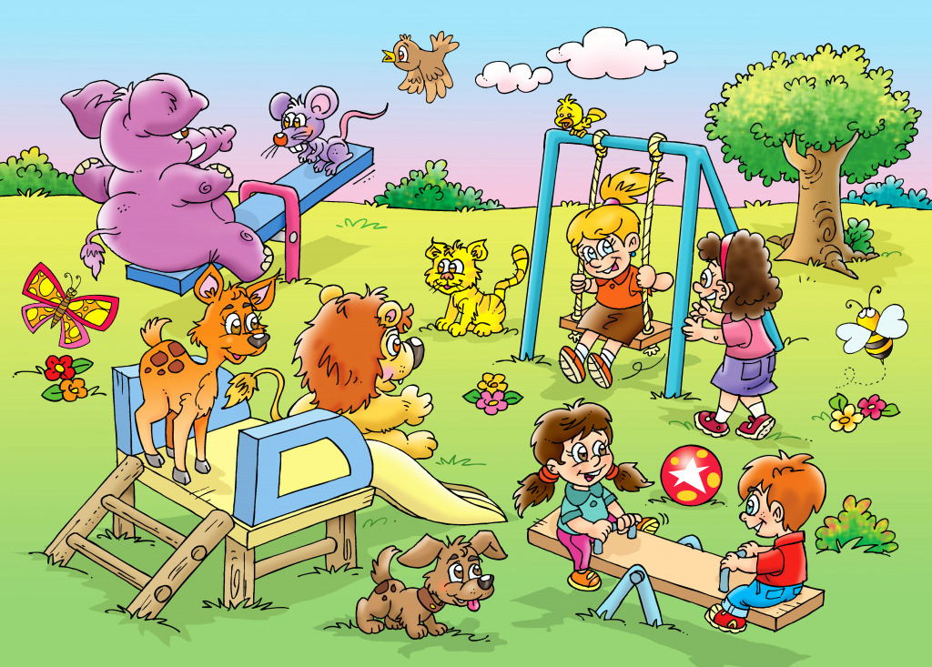 Kinder und Tiere auf dem Spielplatz jigsaw puzzle in Kinder Puzzles puzzles on TheJigsawPuzzles.com