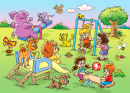 Kinder und Tiere auf dem Spielplatz