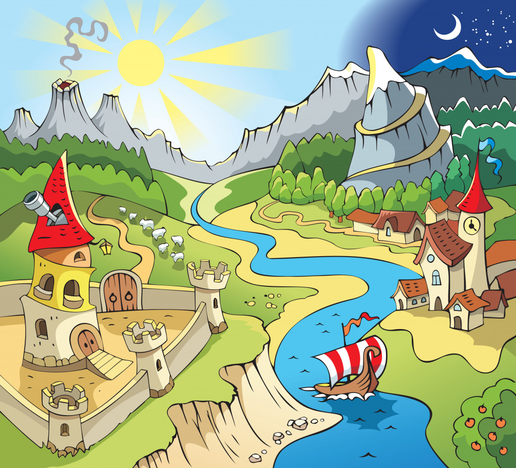 Paisagem de conto de fadas com castelo e cidade jigsaw puzzle in Castelos puzzles on TheJigsawPuzzles.com