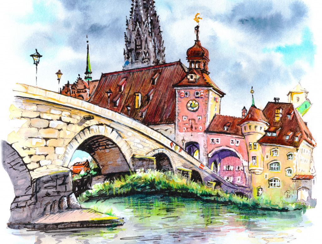 Aquarela da ponte de pedra em Regensburg, Alemanha jigsaw puzzle in Pontes puzzles on TheJigsawPuzzles.com