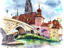 Watercolor of the Stone Bridge in Regensburg, Germany