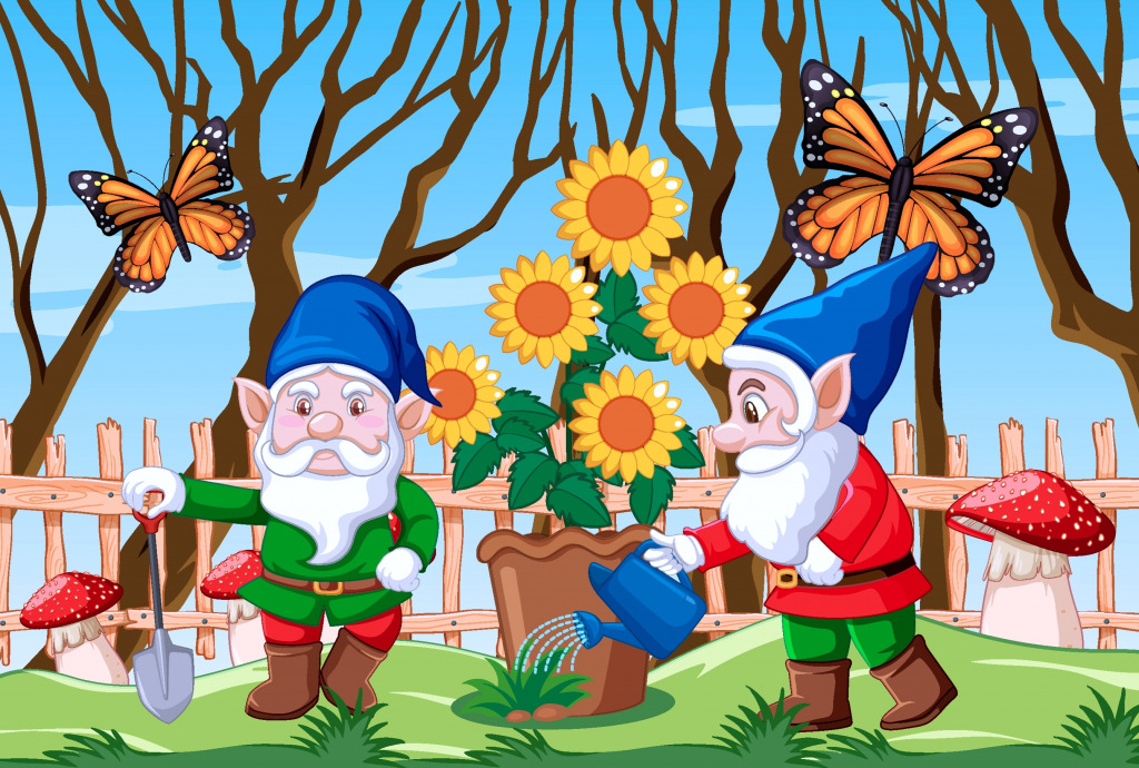 Cartoon Garden Scene with Gnomes jigsaw puzzle in Puzzle of the Day puzzles on TheJigsawPuzzles.com