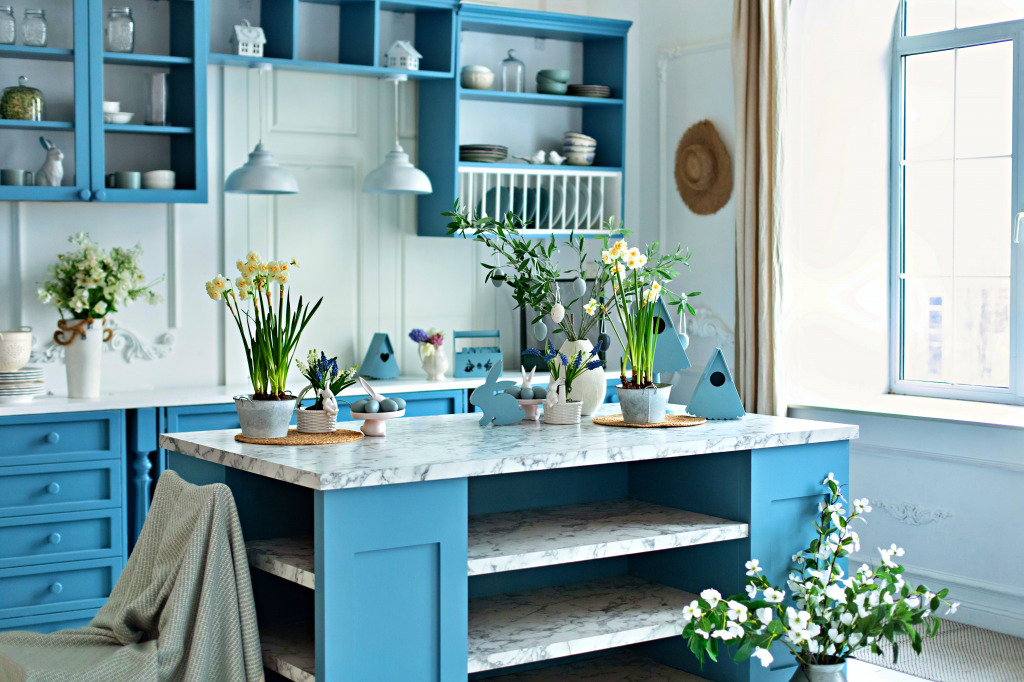 Blue Kitchen Interior with Flowers jigsaw puzzle in Flowers puzzles on TheJigsawPuzzles.com