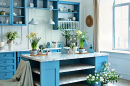 Blue Kitchen Interior with Flowers
