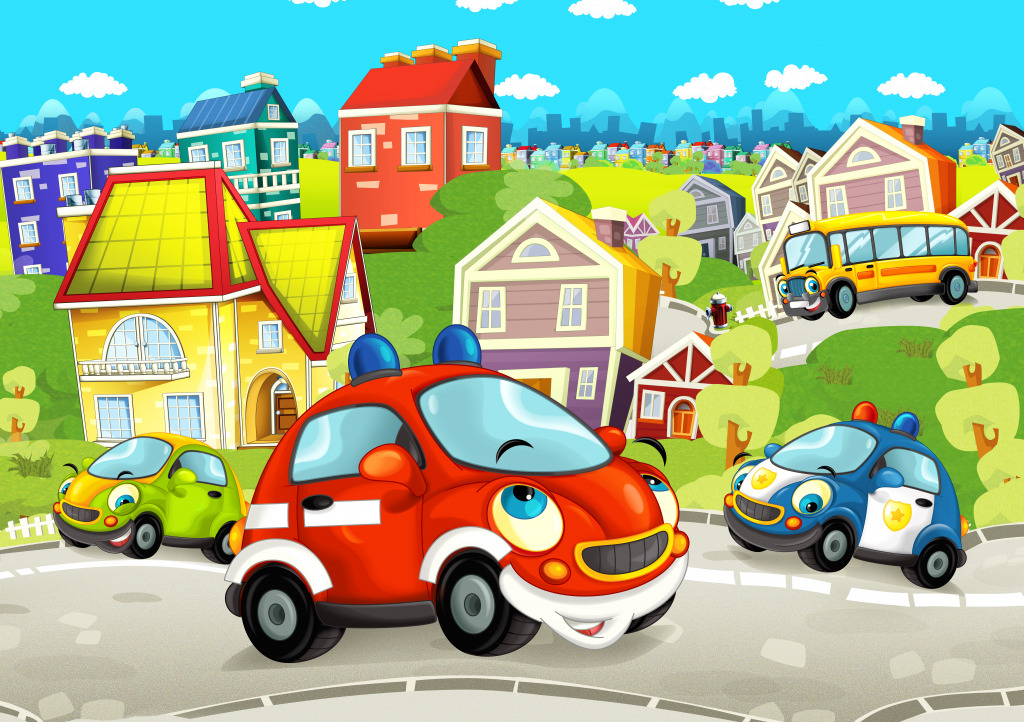 Scène de dessin animé avec des voitures heureuses jigsaw puzzle in Puzzles pour enfants puzzles on TheJigsawPuzzles.com