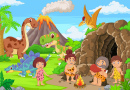 Group of Cartoon Cavemen and Dinosaurs