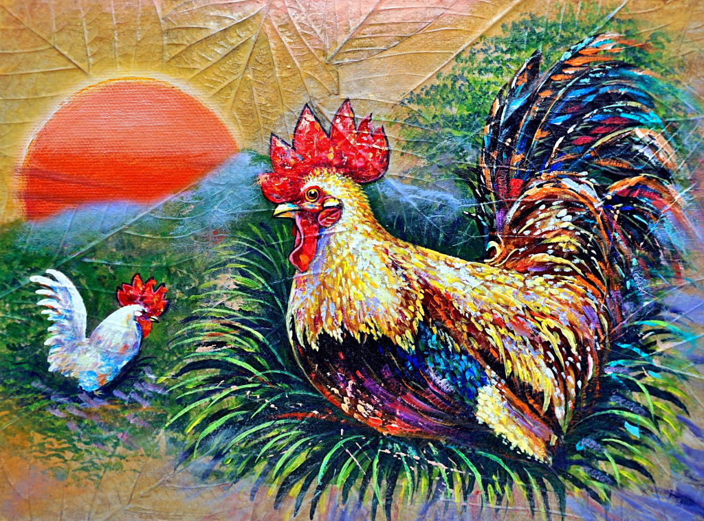 Roosters, Oil Painting, Thailand jigsaw puzzle in Animals puzzles on TheJigsawPuzzles.com