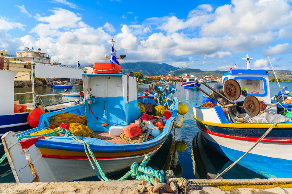 Colorful Fishing Boats on Samos Island, Greece jigsaw puzzle in Great Sightings puzzles on TheJigsawPuzzles.com