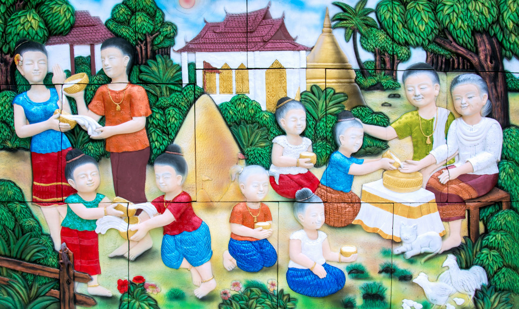 Sandsteinschnitzerei in einem thailändischen Tempel jigsaw puzzle in Handgemacht puzzles on TheJigsawPuzzles.com
