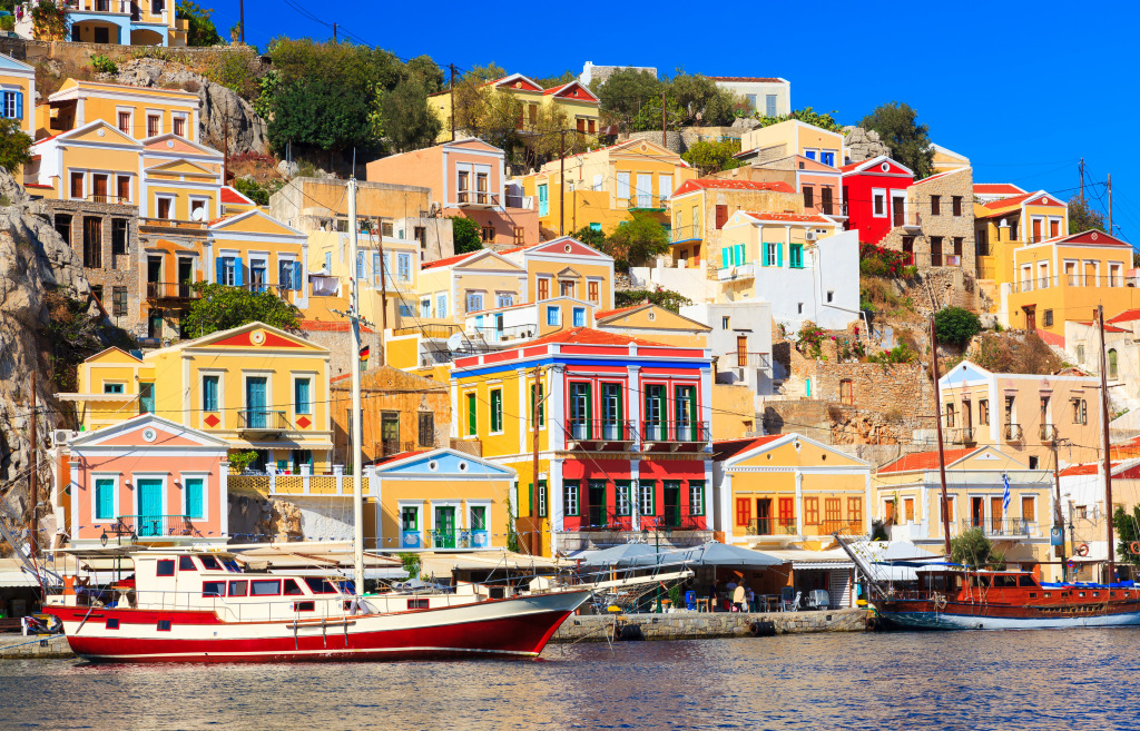 Harbor on Symi Island, Dodecanese, Greece jigsaw puzzle in Street View puzzles on TheJigsawPuzzles.com