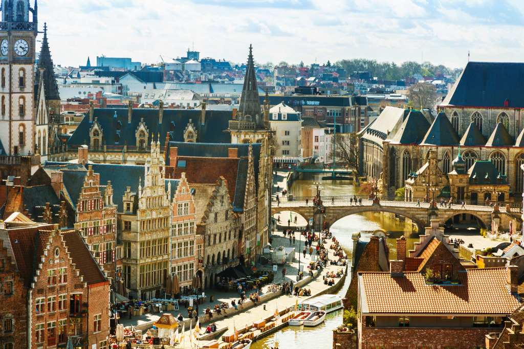 Aerial View of Ghent with St. Michael Bridge jigsaw puzzle in Bridges puzzles on TheJigsawPuzzles.com