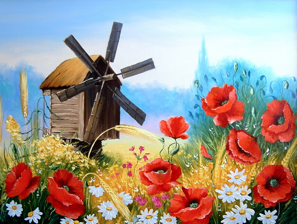 Ukrainische Windmühle und Wildblumen jigsaw puzzle in Kunstwerke puzzles on TheJigsawPuzzles.com