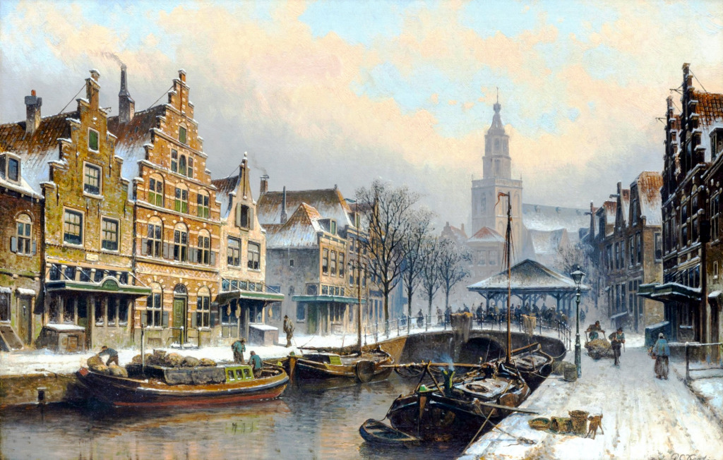 Paysage urbain d’hiver avec l’église Saint-Jean, Gouda jigsaw puzzle in Chefs d'oeuvres puzzles on TheJigsawPuzzles.com