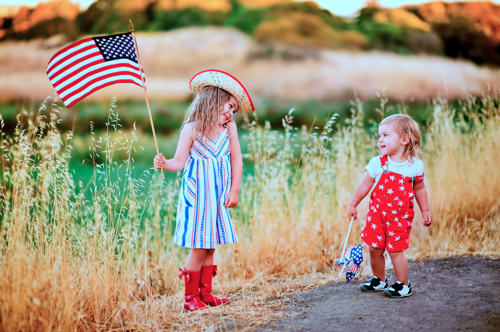 Two Little Girls Waving American Flag jigsaw puzzle in People puzzles on TheJigsawPuzzles.com
