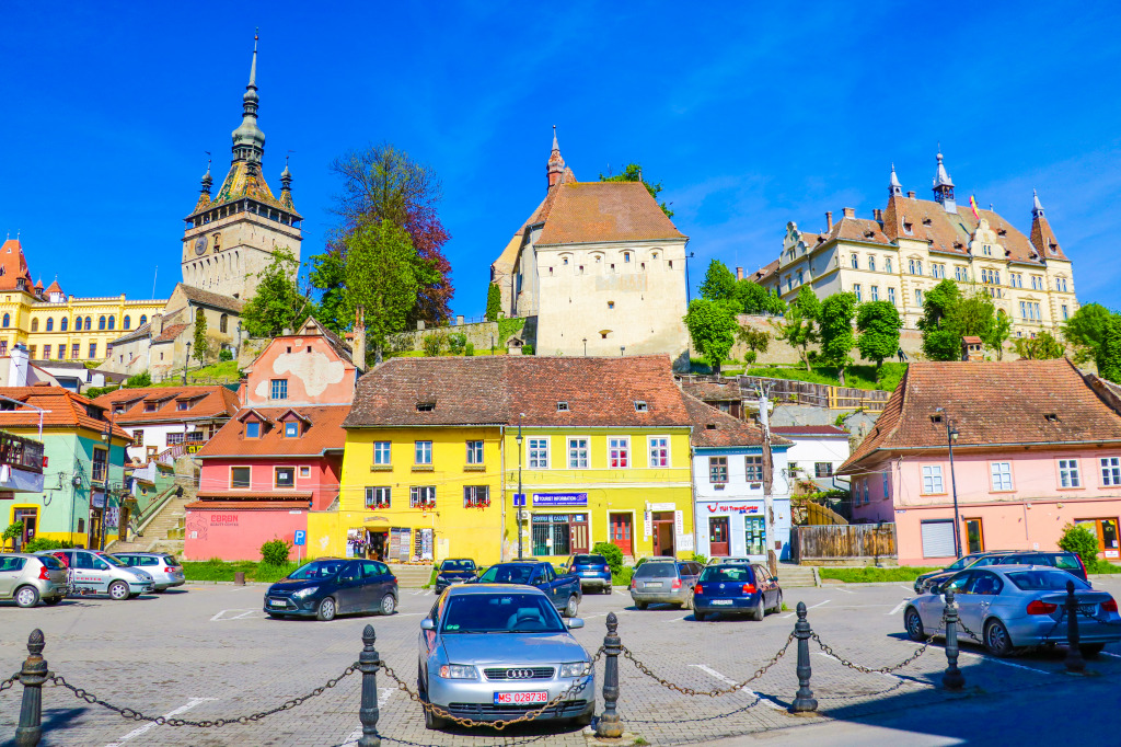 Colorful Houses and Tower Clock in Sighisoara jigsaw puzzle in Street View puzzles on TheJigsawPuzzles.com