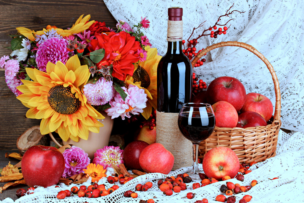 Nature morte d’automne avec fleurs, pommes et vin jigsaw puzzle in Fruits & Légumes puzzles on TheJigsawPuzzles.com