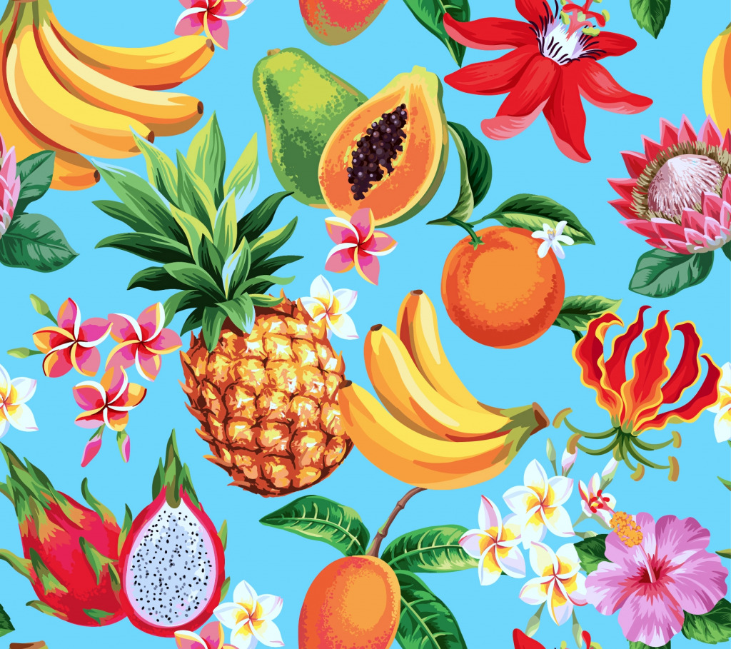 Hawaiianisches Muster mit tropischen Früchten und Blumen jigsaw puzzle in Obst & Gemüse puzzles on TheJigsawPuzzles.com