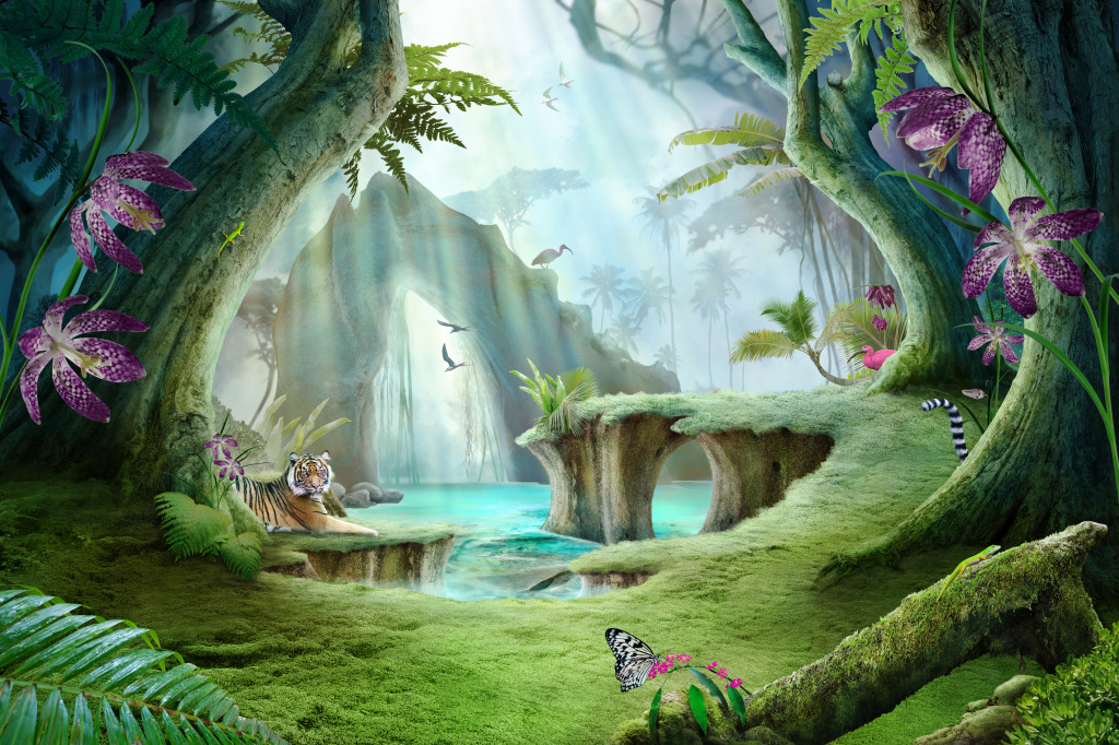 Paysage de jungle enchantée jigsaw puzzle in Chutes d'eau puzzles on TheJigsawPuzzles.com