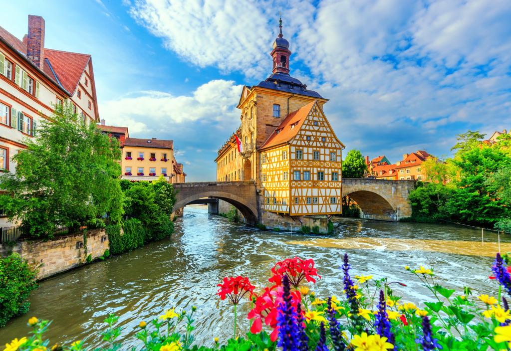 Town Hall of Bamberg and Two Bridges, Germany jigsaw puzzle in Bridges puzzles on TheJigsawPuzzles.com