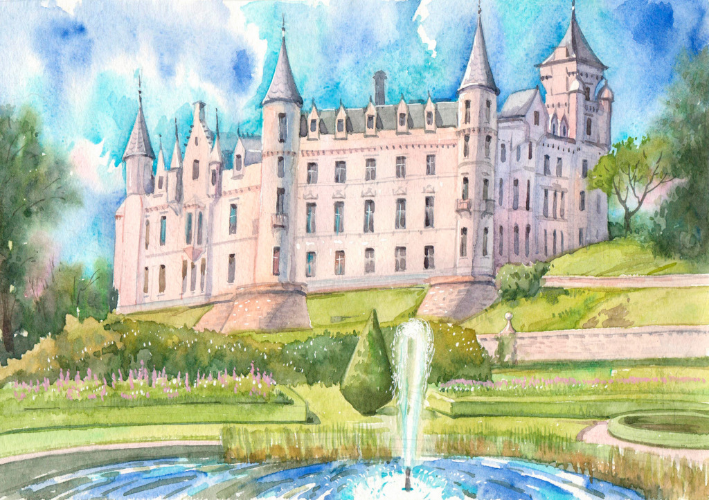 Château, jardin et fontaine de Dunrobin, Écosse jigsaw puzzle in Châteaux puzzles on TheJigsawPuzzles.com