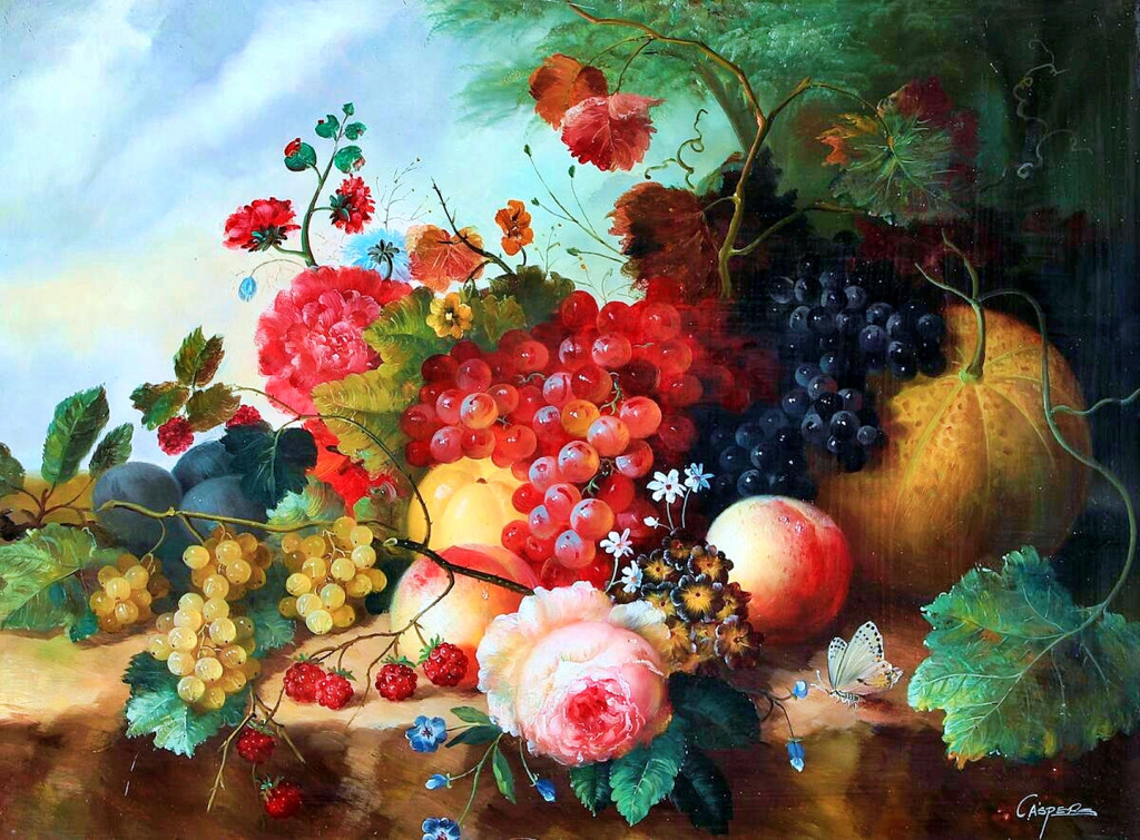 Natureza morta com flores e frutas jigsaw puzzle in Frutas & Vegetais puzzles on TheJigsawPuzzles.com