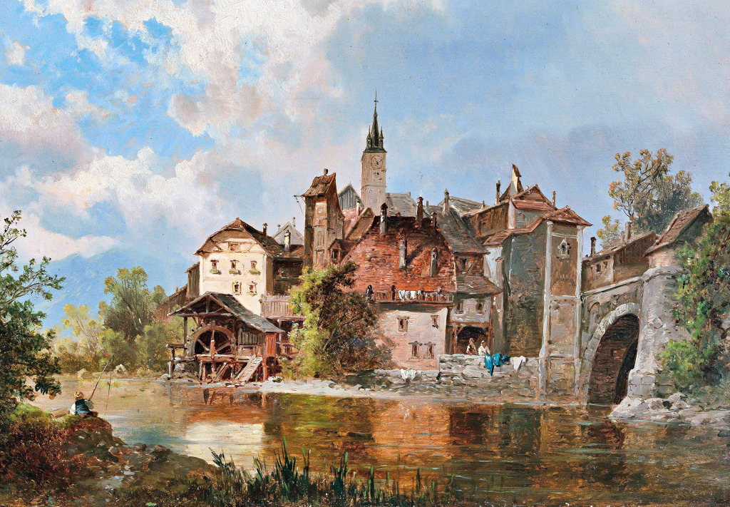 Wassermühle am Flussufer bei einer Stadt jigsaw puzzle in Kunstwerke puzzles on TheJigsawPuzzles.com