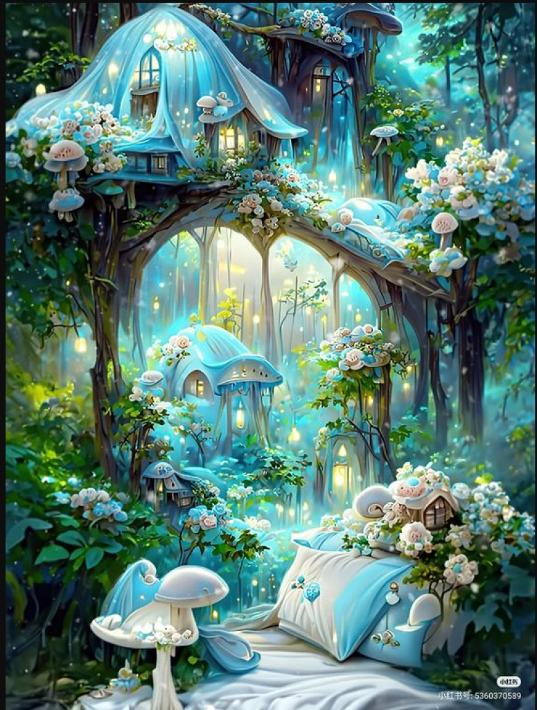 Blue Forest homes and a bed jigsaw puzzle in Carolyn Wright puzzles on TheJigsawPuzzles.com