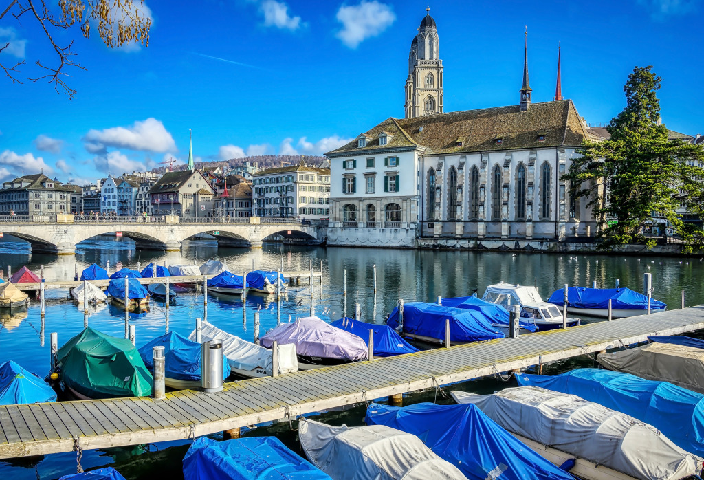 Die Limmat in Zürich im Winter jigsaw puzzle in Brücken puzzles on TheJigsawPuzzles.com